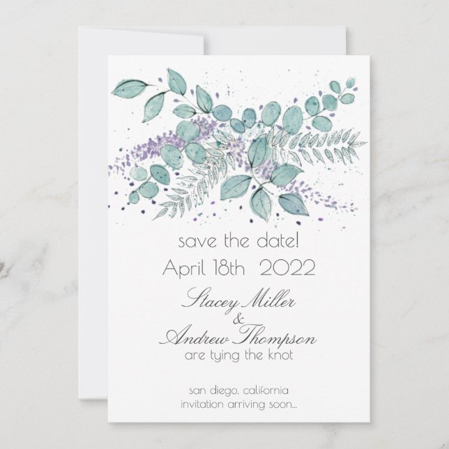 Reserve A Data Casamento de Watercolor Eucalyptus Greenery (Frente)