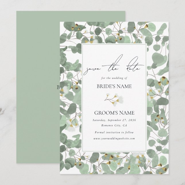 Reserve A Data Casamento de Watercolor Eucalyptus Greenery Blosso (Frente/Verso)