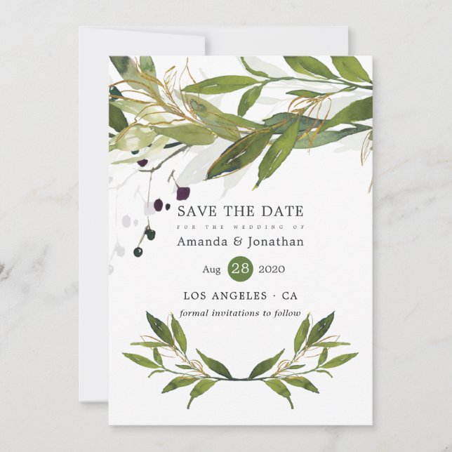 Reserve A Data Casamento de Watercolor Leafy Greenery (Frente)