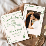 Reserve A Data Casamento Desenhado à Mão Caprichoso Foto Verde<br><div class="desc">Defina o tom do seu casamento com este cartão fotográfico caprichoso e desenhado à mão para salvar a data! Com detalhes delicados e artísticos e uma foto personalizada, este design combina criatividade e charme de forma encantadora. A tipografia suave e elegante realça o tema romântico, enquanto os detalhes personalizáveis garantem...</div>