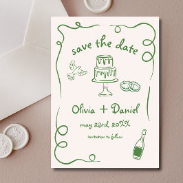 Reserve A Data Casamento Desenhado à Mão Caprichoso Verde Quirky