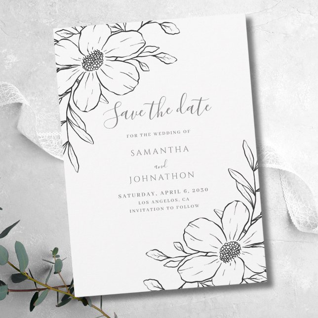 Reserve A Data Casamento Desenho Floral Preto Branco Linha  (Criador carregado)