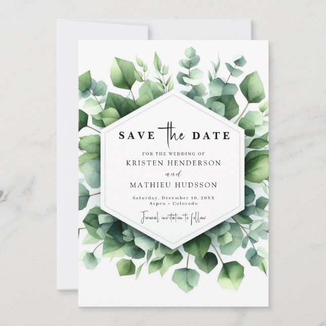 Reserve A Data Casamento Digital Única e Divertida de Eucalipto (Frente)