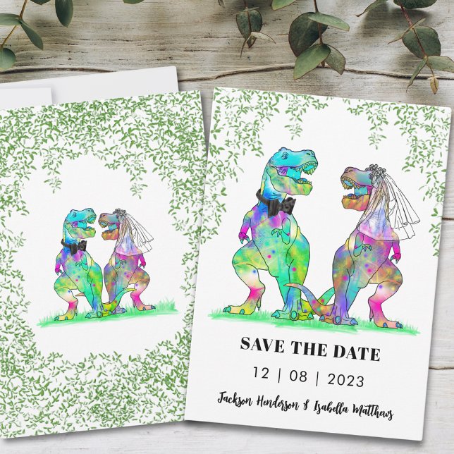 Reserve A Data Casamento Divertido com Tema de Dinossauros (Funny dinosaur wedding save the date invitation with colorful T-Rex bride and groom )