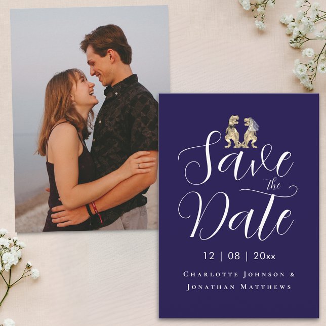 Reserve A Data Casamento Divertido de Dinossauro em Foto Moderna (Modern photo dinosaur theme wedding save the date elegant script navy blue and white invitation)