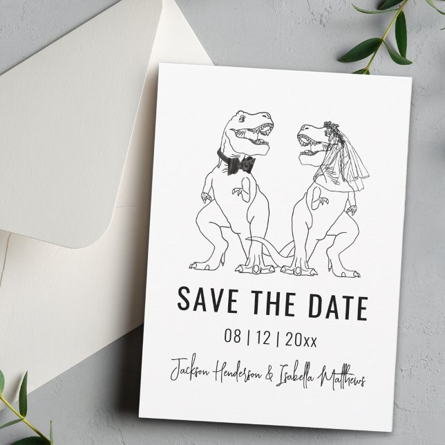 Reserve A Data Casamento Divertido de Dinossauros (Funny Dinosaur wedding save the date simple T-Rex bride and Groom black and white line art card)