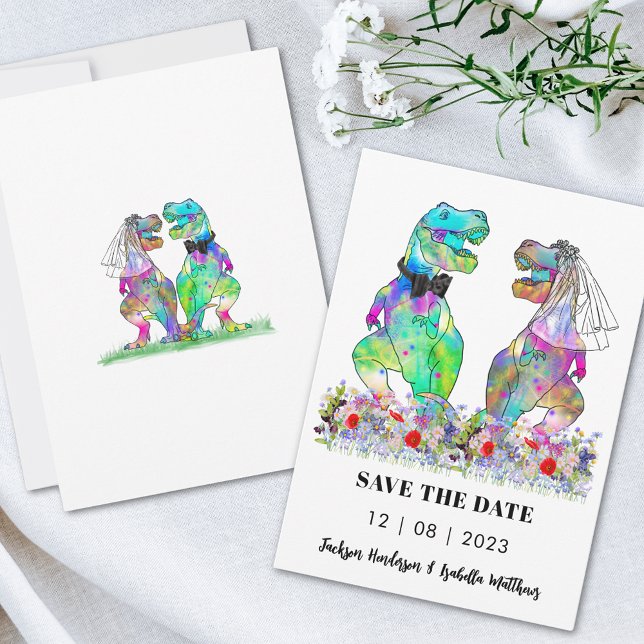 Reserve A Data Casamento Divertido de Dinossauros (T-Rex bride and groom colorful wildflower meadow funny wedding save the date invitation )