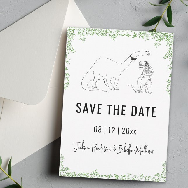 Reserve A Data Casamento Divertido de Dinossauros em Verde Salve  (funny dinosaur wedding save the date T-Rex bride brontosaurus groom line art drawing )