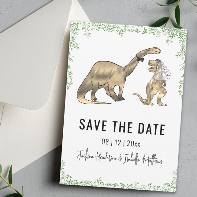Reserve A Data Casamento Divertido de Dinossauros em Verde Save T (Funny T-Rex bride Brontosaurus groom Dinosaur wedding save the date Watercolor foliage)
