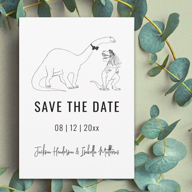 Reserve A Data Casamento Divertido de Dinossauros Salve a Data (funny dinosaur wedding save the date T-Rex bride brontosaurus groom line art drawing)