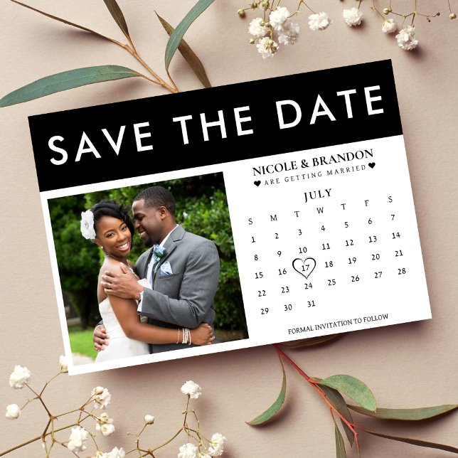 Reserve A Data Casamento do Calendário de Fotos Preto e Branco (Black & White Photo Calendar Wedding Save The Date)