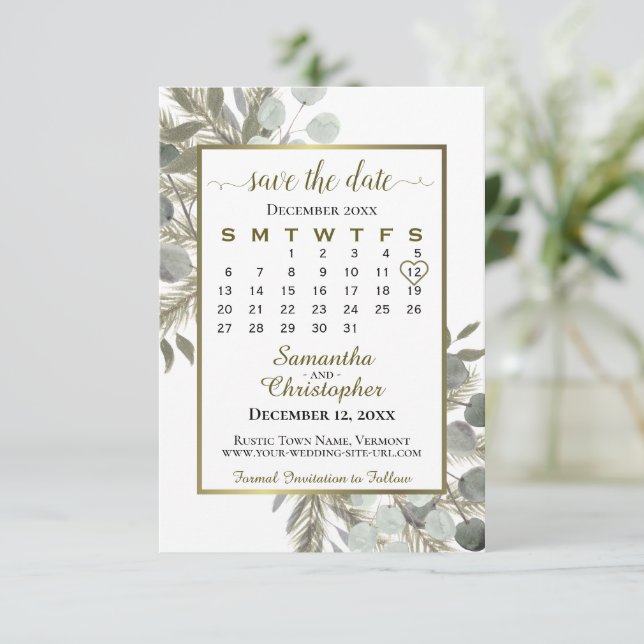 Reserve A Data Casamento do Calendário do Eucalyptus Pine, Rustic (Em pé/Frente)