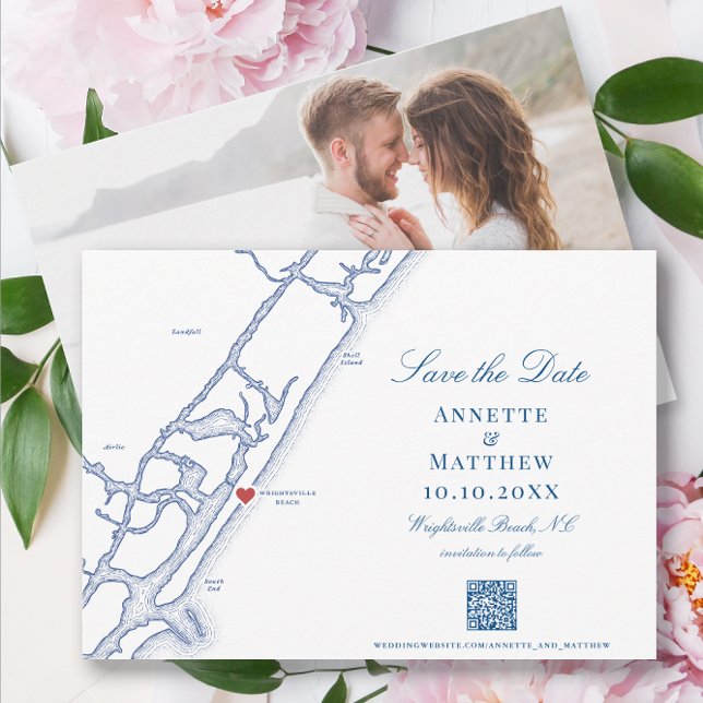 Reserve A Data Casamento do código QR da praia Elegant Wright tsv (Elegant Wrightsville Beach NC Save the Date with QR code and engagement photo and navy blue map)