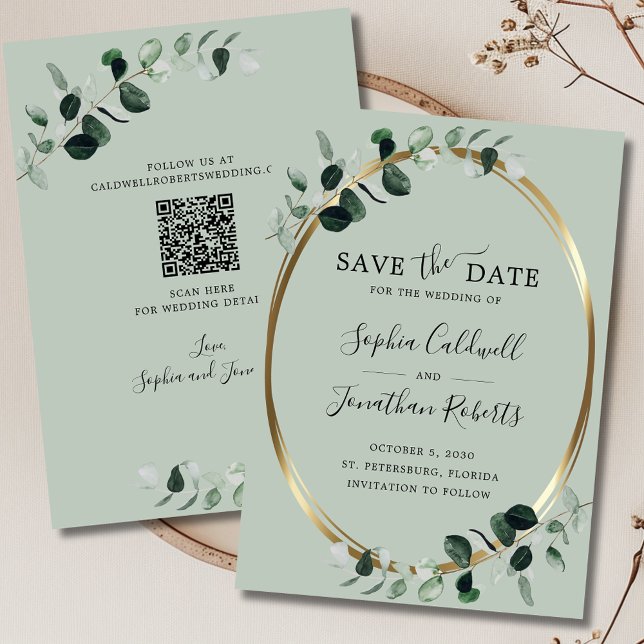 Reserve A Data Casamento do Código QR do Eucalyptus Dourado Sage (Updated Eucalyptus Gold Sage Save the Date 5x7 Flat Card)