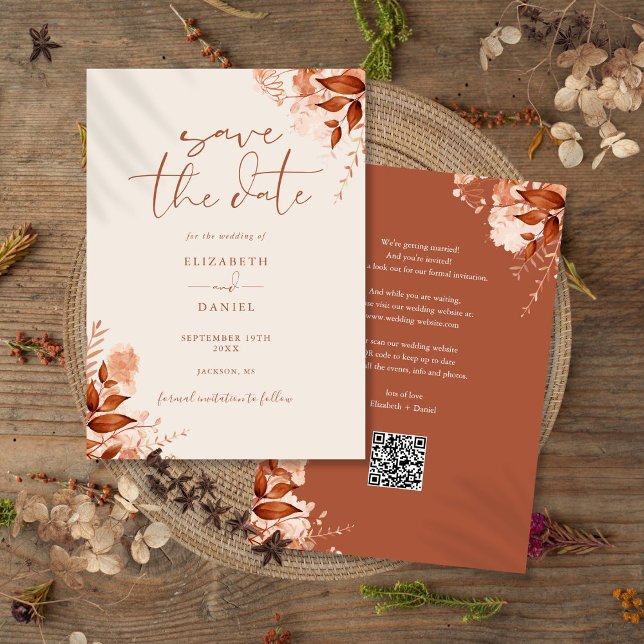 Reserve A Data Casamento do Código QR Floral Floral de outono do  (Autumn Fall Rustic Floral QR Code Wedding Save The Date)