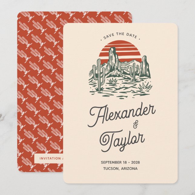 Reserve A Data Casamento do Deserto da Paisagem de Saguaro Vermel (Frente/Verso)