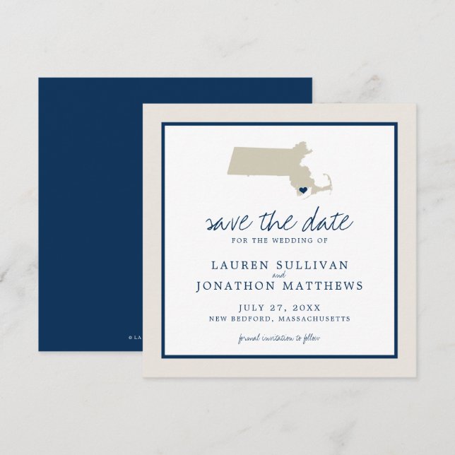 Reserve A Data Casamento do Mapa de Massachusetts Cream Azul Salv (Frente/Verso)