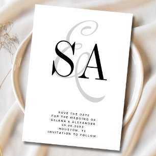 Reserve A Data Casamento do Monograma do Script Elegante Branco N