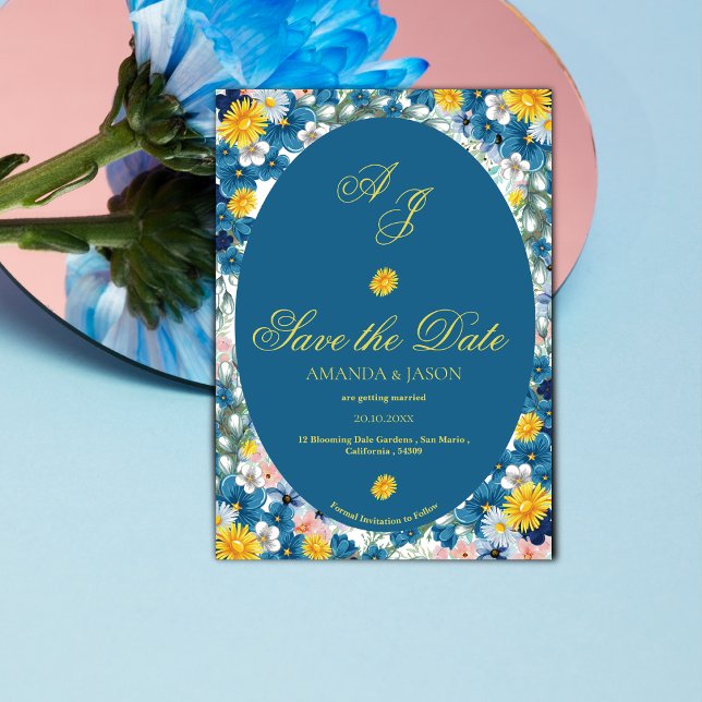 Reserve A Data Casamento do Monograma Floral Amarelo Salve a Data (Yellow Blue Floral Monogram Wedding Save the Date Invitation)