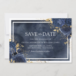 Reserve A Data Casamento Dourado com Aquarela Floral Marinho Magi