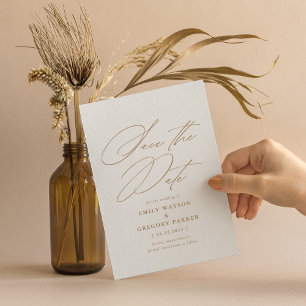 Reserve A Data Casamento Dourado com Caligrafia Mínima Moderna