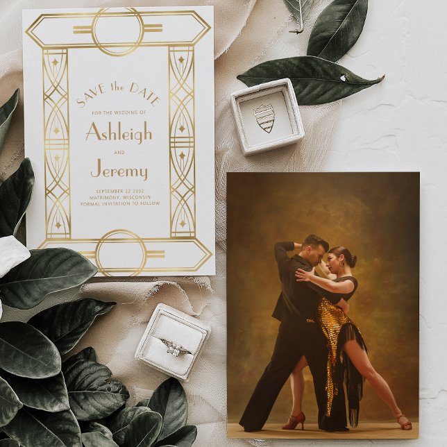Reserve A Data Casamento Dourado com Foto Branca de Frame Deco (Criador carregado)