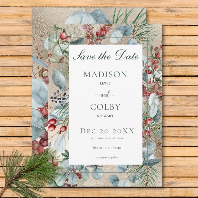 Reserve A Data Casamento Dourado com Greenery de Natal (Winter Christmas Greenery Gold Wedding Save The Date)