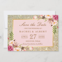 Reserve A Data Casamento Dourado com Lente Cor-de-Rosa Floral Sal