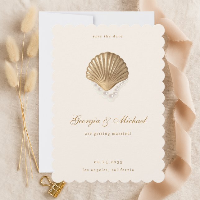 Reserve A Data Casamento Dourado Costeiro de Elegant Seashell & P (Criador carregado)