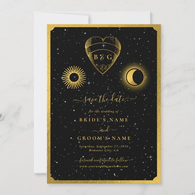 Reserve A Data Casamento Dourado das Estrelas Celestiais Crescent (Frente)