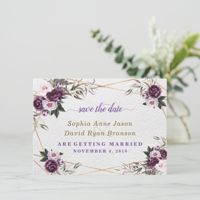Reserve A Data Casamento Dourado de Flores de Peônia Roxa Púrpura (Em pé/Frente)