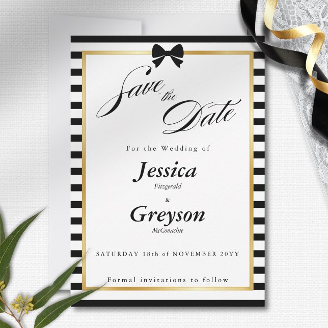 Reserve A Data Casamento Dourado de Frame  de Stripe Negra Elegan (Criador carregado)