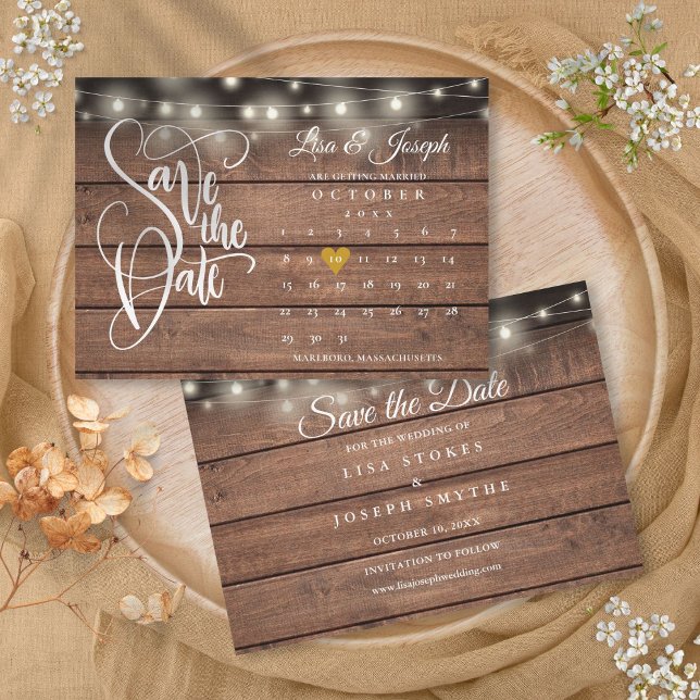 Reserve A Data Casamento Dourado de Madeira Rústica com Coração (Calendar Gold Heart Rustic Wood Wedding Save The Date)