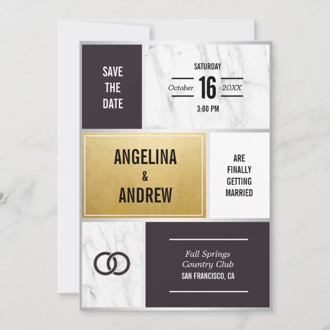 Reserve A Data Casamento Dourado de mármore branco preto único mo (Frente)