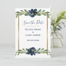 Reserve A Data Casamento Dourado de Script Elegante Floral Azul e