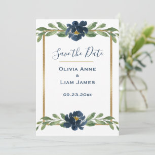 Reserve A Data Casamento Dourado de Script Elegante Floral Azul e
