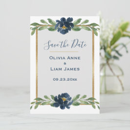 Reserve A Data Casamento Dourado de Script Elegante Floral Azul e
