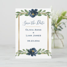 Casamento Dourado de Script Elegante Floral Azul e