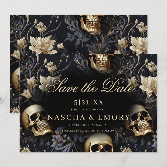Reserve A Data Casamento Dourado de Skulls Florais Elegantes Góti (Frente/Verso)