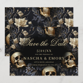 Reserve A Data Casamento Dourado de Skulls Florais Elegantes Góti