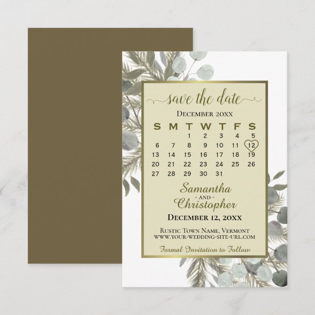 Reserve A Data Casamento Dourado do Calendário do Pinho Eucalyptu (Frente/Verso)