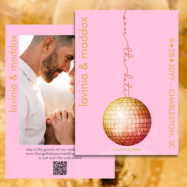 Reserve A Data Casamento Dourado do Código QR de Foto da Bola Dis (Elegant disco  pink and gold save the date with photo and QR code)