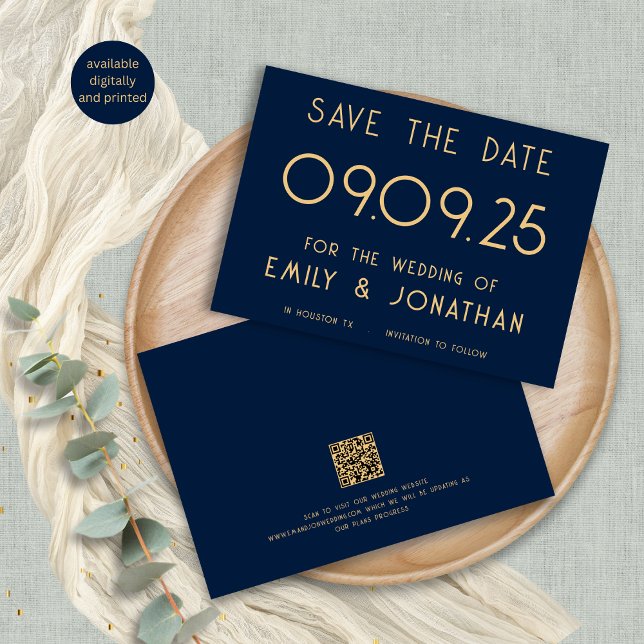 Reserve A Data Casamento Dourado do Marinho Typografo Moderno (Front and back view)