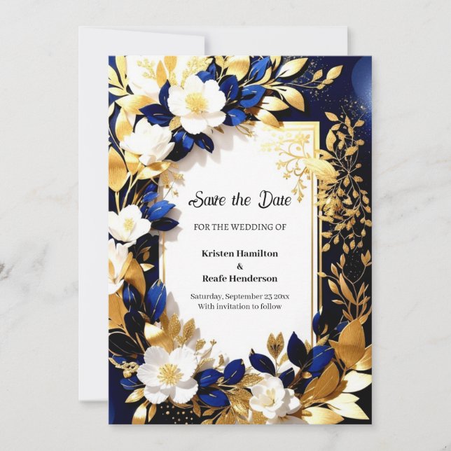 Reserve A Data Casamento Dourado e Azul (Frente)