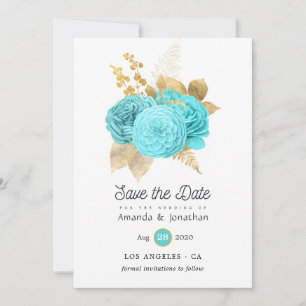 Reserve A Data Casamento Dourado e Azul Aqua