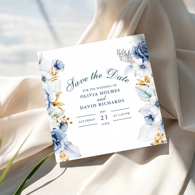 Reserve A Data Casamento Dourado e Azul Elegante (Elegant Blue and Gold Floral Wedding Save The Date on an elegant wedding table)