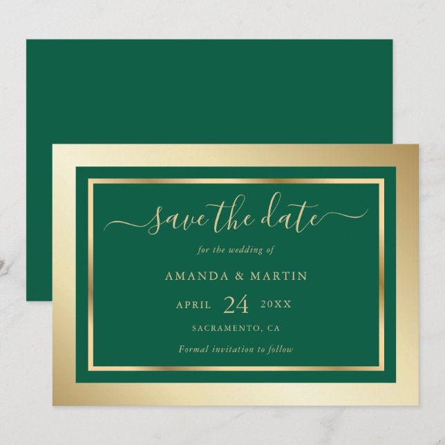 Reserve A Data Casamento Dourado e Emerald Green personalizado el (Frente/Verso)