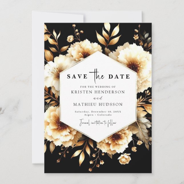 Reserve A Data Casamento Dourado e Negro das Flores Modernas (Frente)