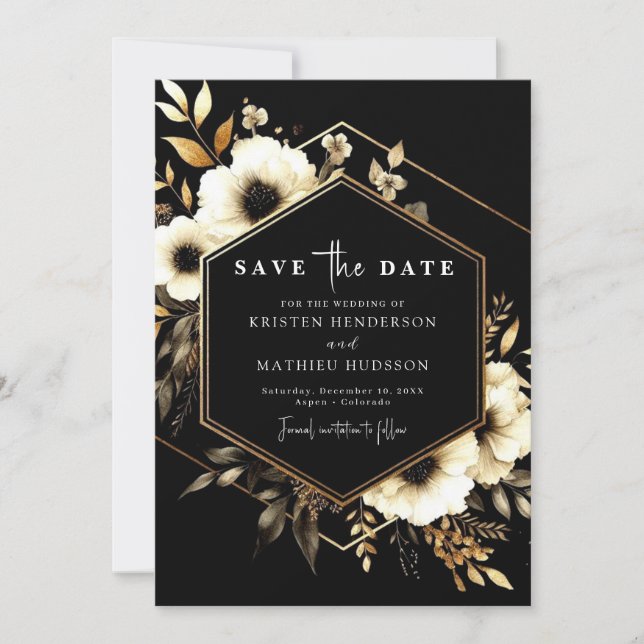 Reserve A Data Casamento Dourado e Negro Digital Whimsical (Frente)
