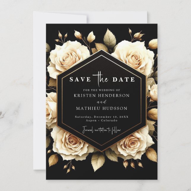 Reserve A Data Casamento Dourado e Negro Moderno Personalizado (Frente)